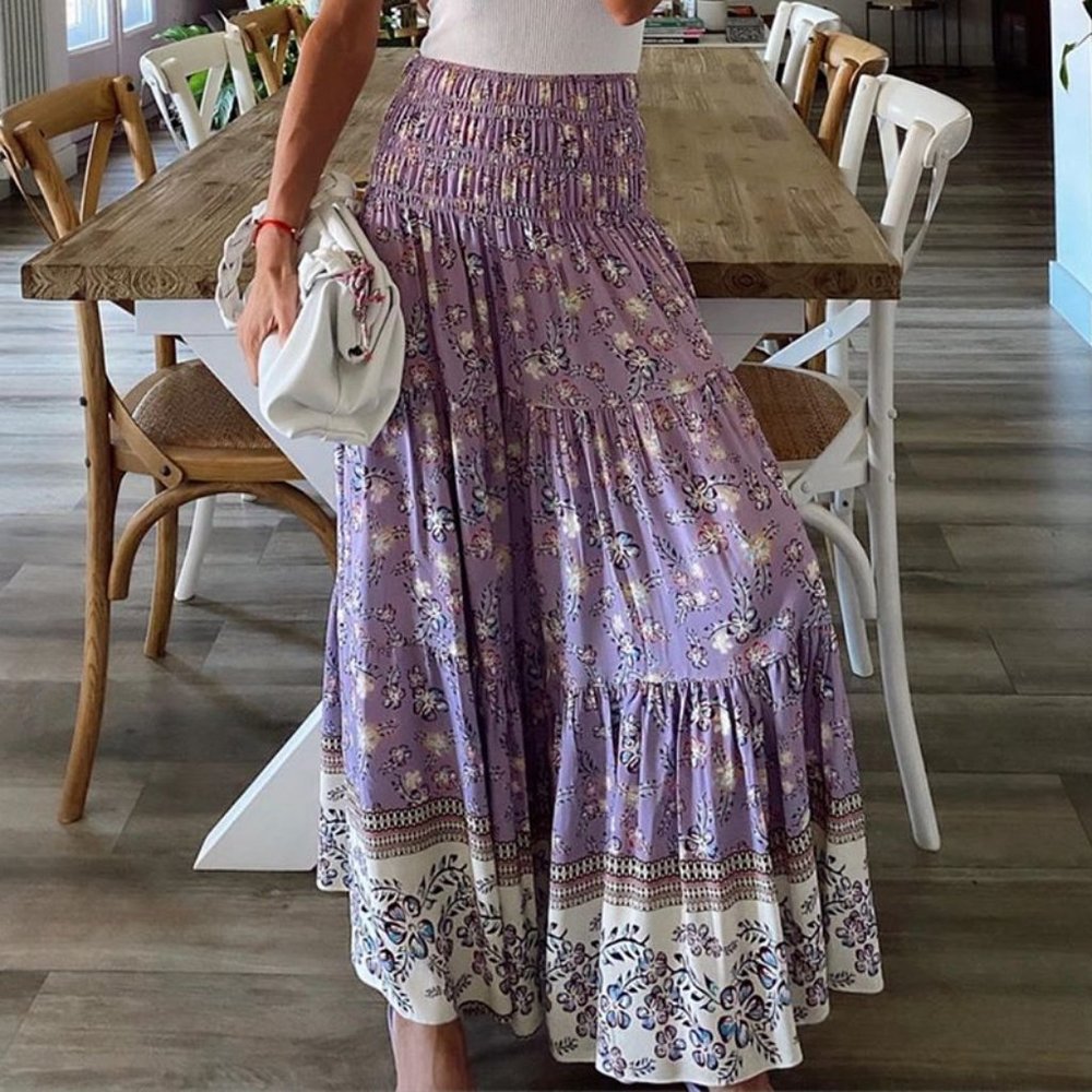 New Lavender Bloom Flowy Bohemian Maxi Skirt